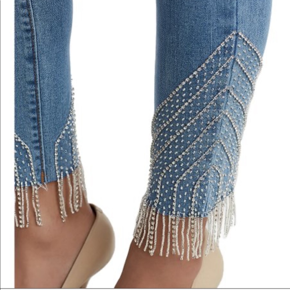NWOT True Religion Halle Crystal Fringe Light Wash Mid-Rise Skinny Jeans